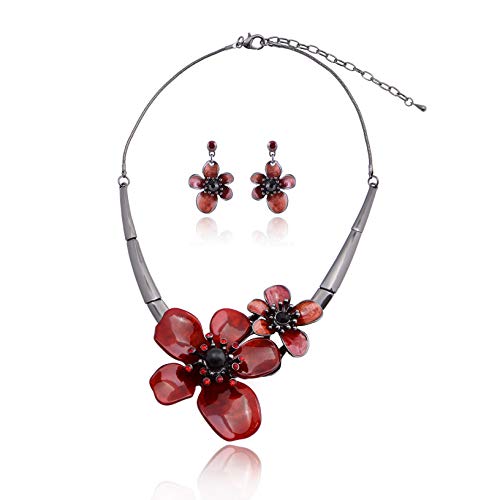 AMYJANE Vintage Statement Jewelry Set - Spring Leaf Flower Floral Plant Necklace Earring Set Crystal Rhinestone Fashion Costume Jewelry for Women Prom Party Unique Gift - style: 2 Flower Jewelry Set Red