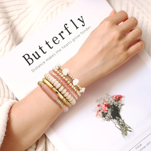 GOOJIDS Simple Beaded Gold Plated Bangles Bracelet Chunky Bamboo Tube Curved Stacking Clear Acrylic Colorful Beads Stretchable Gold Plated Bracelets Set For Women - color: A-A1 Gold Bead Set D
