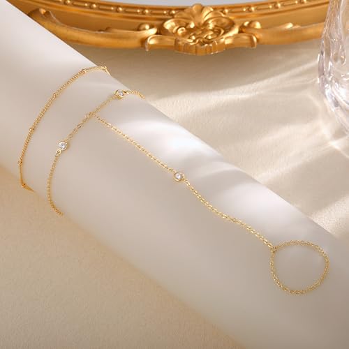 CHESKY 14k Gold Plated Hand Chain Bracelet for Women Trendy, Dainty Ring Bracelets Hand Chain Finger Nail Bracelet Simple Gold Hand Jewelry for Women Gifts - style: Zironia