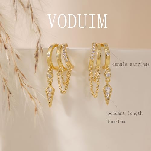 Dangle Earrings For Women, Dainty Gold Drop Statement Earrings 14K Gold Plated Long Huggie Earrings for Women Trendy Hypoallergenic Dangly Earrings Small Triple Hoops Earrings Fashion Jewelry - color: gold-chain