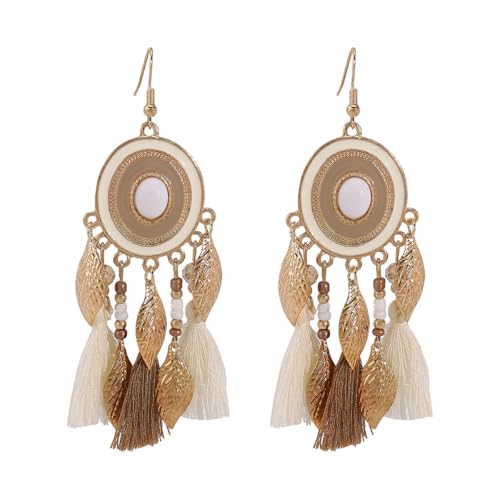 Bohemian Silk Tassels Statement Earrings Vintage Lightweight Gold Leaf Geometric Handmade Beads Drop Dangle Earring Ethnic Style Trendy Jewelry Accessories for Women - color: Beige