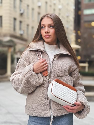Vantamo Premium Quilted Crossbody Bags for Women with Anti-Pickpocket Clip, Vegan Leather Handbags, Travel Purses for Women - color: White & Brown With Jacquard Strap