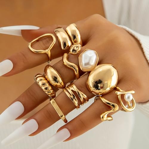 Gold Rings for Women Non Tarnish Stackable Rhinestone Moon Star Rings Dainty Stacking Pearl Butterfly Midi Pinky Thumb Joint Finger Knuckle Ring Set Gold Non Tarnish Jewelry Gifts Trendy Stuff - color: S Chunky Gold Rings 11Pcs