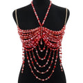 Handmade Beads Body Chain, Mermaid Top Rave Outfit Body Jewelry, Mermaid Costume, Beaded Bra Bralette Bead Waist Body Jewelry for Women for Boho Festival Clubbing - color: red