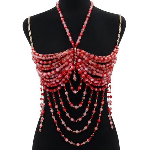Handmade Beads Body Chain, Mermaid Top Rave Outfit Body Jewelry, Mermaid Costume, Beaded Bra Bralette Bead Waist Body Jewelry for Women for Boho Festival Clubbing - color: red