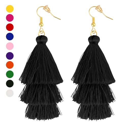 Earrings for Women Dangling, Layered Tassel Earrings Fringe Earrings Bohemian Studs Drop Earrings - color: Black