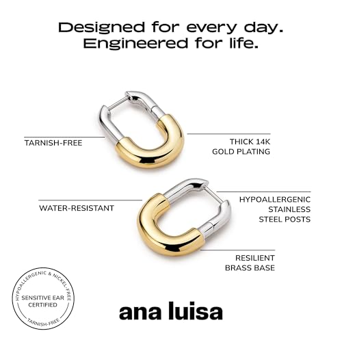 Ana Luisa Rectangle Hoop Earrings - Sterling Silver Base With 14K Gold & Silver Rhodium Plating - Chic, Dainty Mixed Metal Huggie Hoops - Hypoallergenic, Tarnish-Free, and Water-Resistant Hoops - color: Two Tone