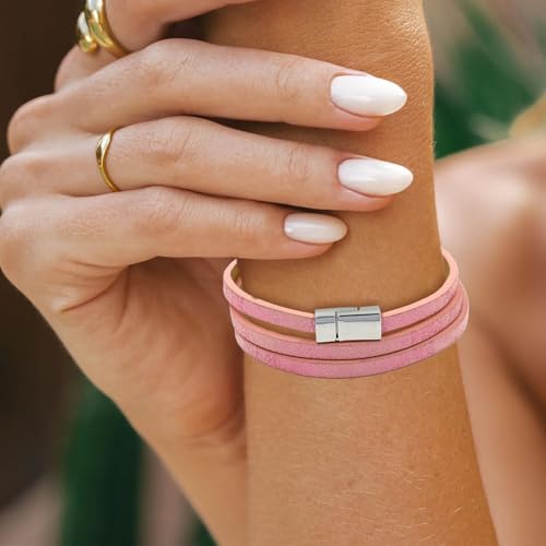 Long tiantian Leather Wrap Bracelet for Men Vintage Brown Leather Cuff Bracelet Adjustable Minimalist Western Style Wristband Casual Fashion Jewelry Gift for Him - color: pink
