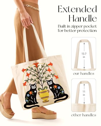 Miss Adola Embroidery Tote Bag with Pocket & Buckle - Reusable Canvas Tote for Women Cute Aesthetic Work Shopping Grocery Bag - style: Cat