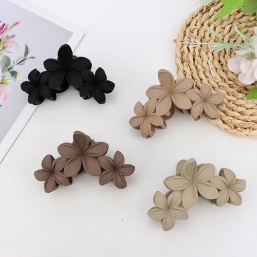 ANBALA 4PCS Hawaiian Plumeria Flower Hair Clips - Large Non-Slip Matte Claw Clips for Women, Strong Hold Beach Hair Accessories - color: brown, black, white，apricot