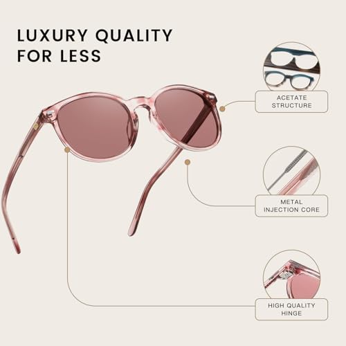 DUCO Women's Trendy Retro Round Acetate Polarized Sunglasses, UV400 99% Glare Block, Lightweight for Daily & Outdoor - color: Pink Stripe Frame Pink Lens