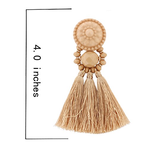 boderier Bohemian Statement Thread Tassel Chandelier Drop Dangle Earrings with Cassandra Button Stud - color: Brown