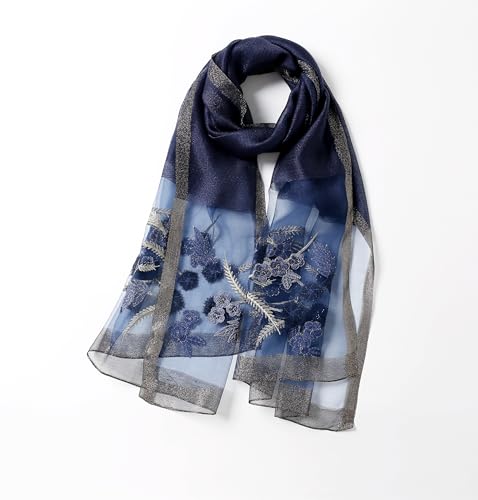 Jeelow Silk Blend Floral Fashion Scarf Shawl Wrap Lightweight Sheer For Women Floral Embroidery Wedding Party Prom - color: Blue Graffiti
