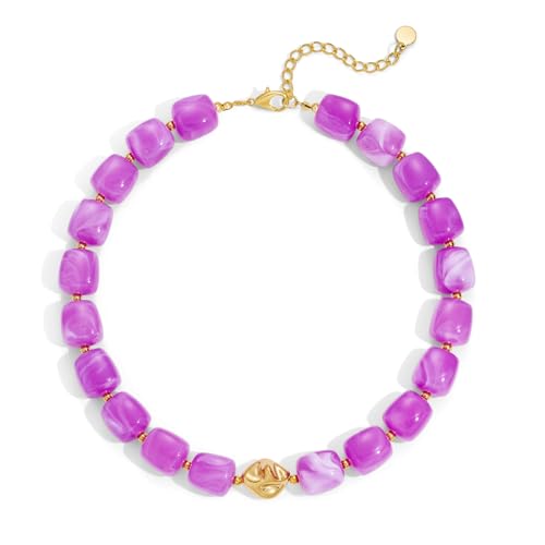 Colorful Chunky Necklaces for Women Multicolored Large Square Acrylic Beads Necklace Trendy Bold Statement Beaded Necklace Summer Vacation Choker Jewelry - color: Purple