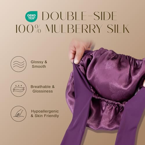 ZIMASILK 100% Mulberry Silk Bonnet for Sleeping Women Long Hair Double Layer Silk Hair Wrap with Tie Band Stay On Head (1Pc, Dark Mauve) - color: Dark Mauve-clover Crest