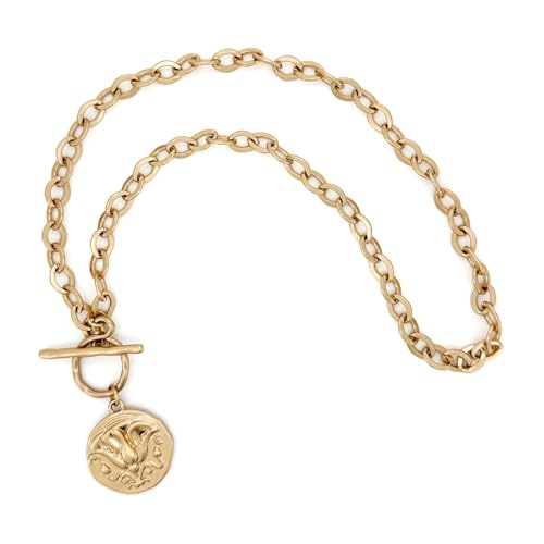 Chunky Gold Coin Necklace for Women Silver and Gold Chain Pendant Necklaces 18 Inch Antique Toggle Thick Link Fashion Jewelry Gift for Women - style: Worn Gold-F