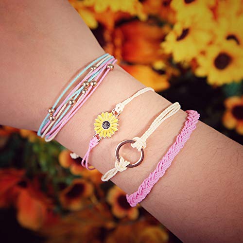 FANCY SHINY Easter Gifts Basket Stuffers Sunflower String Bracelet Boho Braided Rope Wrap Bracelets Cute Summer Beach Surfer Jewelry for Women - color: Pink