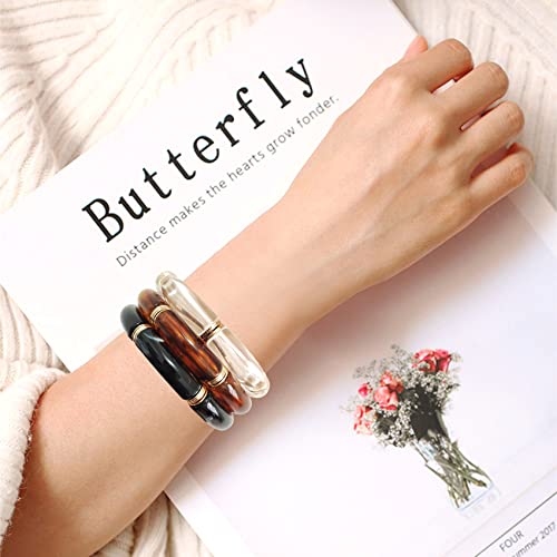 GOOJIDS Simple Beaded Gold Plated Bangles Bracelet Chunky Bamboo Tube Curved Stacking Clear Acrylic Colorful Beads Stretchable Gold Plated Bracelets Set For Women - color: Q-Black 3PCS Set