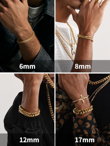 ChainsHouse Stainless Steel Cuban Link Bracelet, 8mm/12mm/17mm Width, 7.5"/8.3"/9", 18K Gold Plated Chain Wrist Bracelets for Men Women, Send Gift Box - color: M: Gold-6mm width