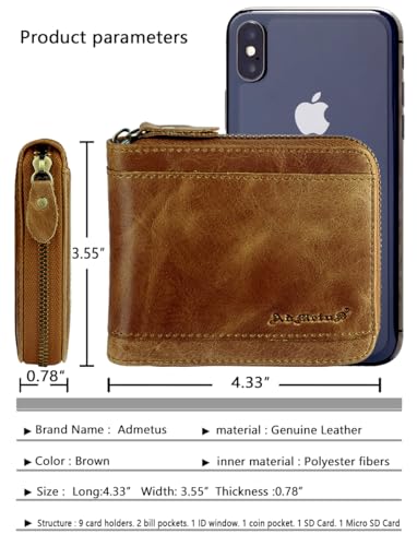 Admetus Mens RFID Blocking Wallets Zipper Leather Wallet for Men Bifold RFID Card Holder - color: Tan