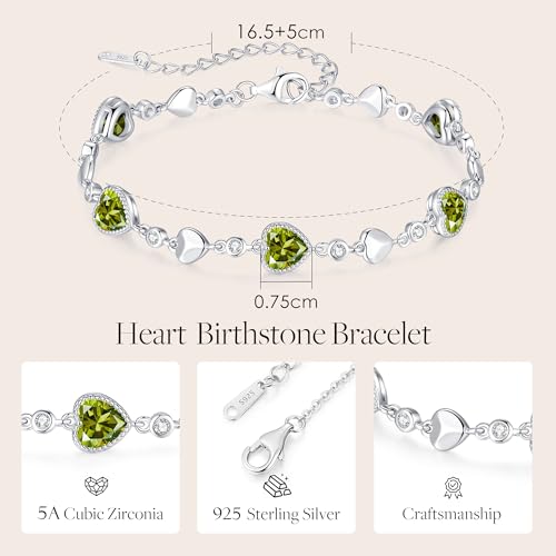 925 Sterling Silver Birthstone Heart Bracelet Jewelry Gift for Women | Rose Gold Plated Bracelets,Hypoallergenic,Adjustable Chain Personalized Anniversary Christmas Jewelry Gift for Mom Wife - color: Sterling Silver-08-Aug
