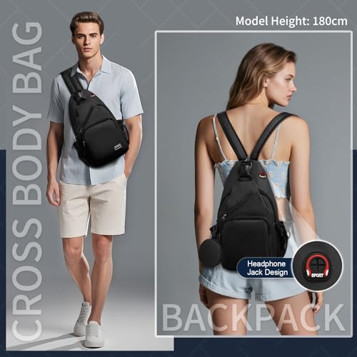 Convertible Sling Bag with Coin Pocket, 11" Tablet Crossbody Mini Backpack with Headphone Jack Casual Pack for Women Men Travel, Black - color: Black, size: Large