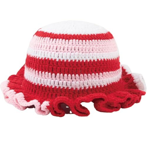 KORADI Womens Crochet Bucket Hat Ruffled Brim Knitted Hats Winter Boho Handmade Caps - color: Red&white