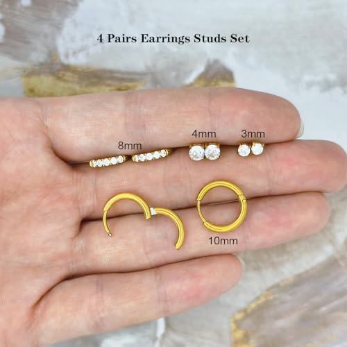 Gold Hoop Earrings Set: Dainty Stud Earrings 14K Gold Plated Earrings for Women Trendy Hypoallergenic Gold Stud Earrings 3-4mm Cubic Zirconia Cartilage Piercing Gold Jewelry for Women Gifts - color: Gold-Set-3/4/8/10mm