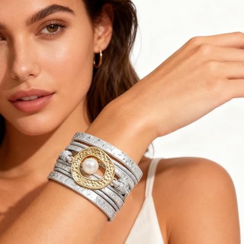 Long tiantian Boho Leather Wrap Bracelets Western Bracelets for Women Stackable Starfish Crystal Pearl Turquoise Leather Bracelet With Clasp Jewelry Gifts Boho Dresses - color: C3:silver leather bracelet