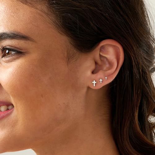 3 Pair Tiny Flat Back Earrings for Women - 14K Gold/White Gold Plated Dainty Cute Small Screw Flatback Stud Earring, Everyday Wear Gift - color: Cross-Flat 4/5/6mm Silver