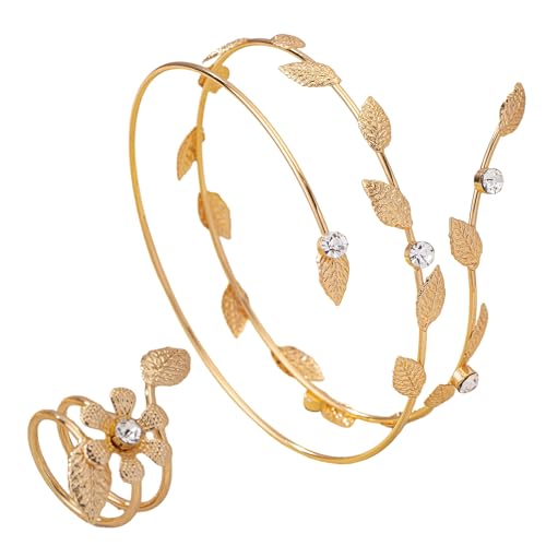 Gold Arm Cuff with Ring, 2 Pcs Open Upper Arm Bracelet and Ring with Rhinestones, Adjustable Metal Armband Jewelry Set - color: Leaves