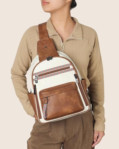 FADEON Large Sling Bag for Women, Leather Crossbody Purse Designer Anti Theft Sling Backpack, RFID Fanny Packs for Travel - color: Beige Brown