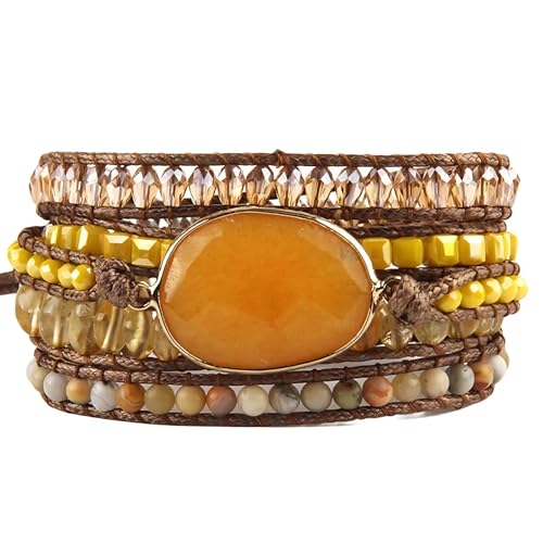 Women Wrap Bracelet Boho Natural Jasper Crystal Stone Beads Strand Bracelets - color: Yellow