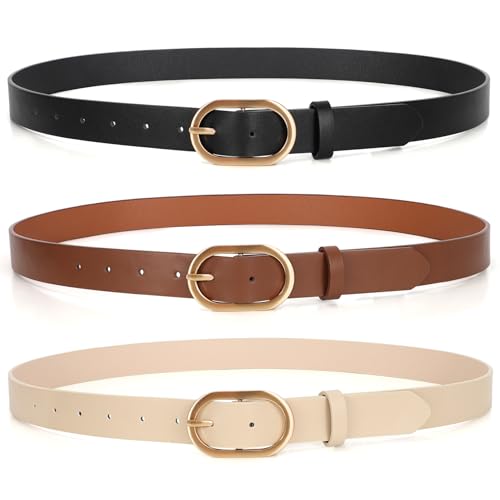 XZQTIVE 3 Pack Plus Size Women's Leather Belts for Jeans Pants Dress Fashion Gold Buckle Ladies Waist Belt - color: C-black+beige+coffee(gold Buckle), size: Small: fits waist from 25"-30"