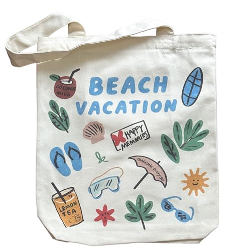 Canvas Tote Bag with Zipper for Women, Aesthetic Tote Bag with Pocket for Vacation, Shopping, Travel, Beach - style: Beach Vacation
