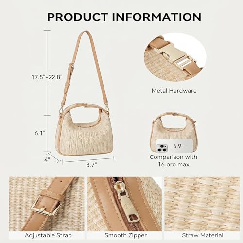Straw Crossbody Bag for Women, Top Handle Woven Purse, Summer Handmade Lightweight Bucket Clutch Fashion Beach Raffia Tote Handbag