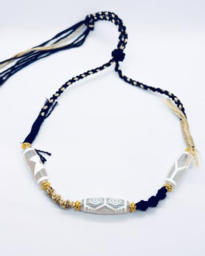 Handmade Agate Necklace with Cultural Patterns, 3 Natural Agate Stones Braided Necklace for Men Women, Good Luck Amulet Jewelry