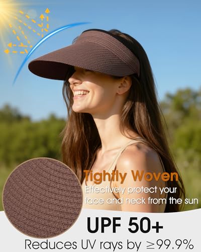 Senker Fashion Sun Hats Visor for Women, Straw Beach Hat Adjustable Wide Brim Ponytail Packable for Summer Travel UPF 50+ - color: Brown