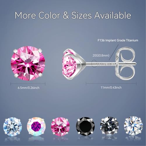 Moissanite Stud Earrings, G23 Hypoallergenic Titanium Stud Earrings for Women Men, Round Cut D Color VVS1 Clarity 18K White Gold Palted Multicolor Moissanite Jewelry, 0.6CT-3.0CT - color: Pink, size: (1.0ct*2)-6.5mm-2.0 Carat