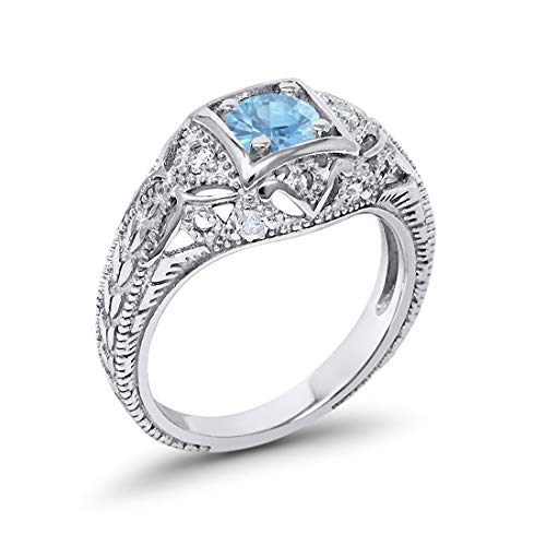 Blue Apple Co. Art Deco Ring Round Cubic Zirconia Leaf Filigree Design Split Shank Twisted Band Bridal Statement Wedding Engagement Rings For Women 925 Sterling Silver Gifts For Her - color: Simulated Aquamarine