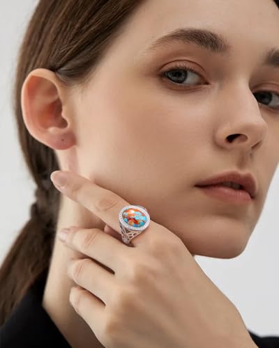 AIBAO 4-12 Ct Large Oval Engagement Rings for Women Natural Turquoise/Lapis Lazuli/Malachite Celtic/Infinity/Love Knot Halo Ring Size 6 to 10 Anniversary Christmas Valentines Gift - style: 4.3 Ct Orange Oyster Turquoise & Created White Sapphire