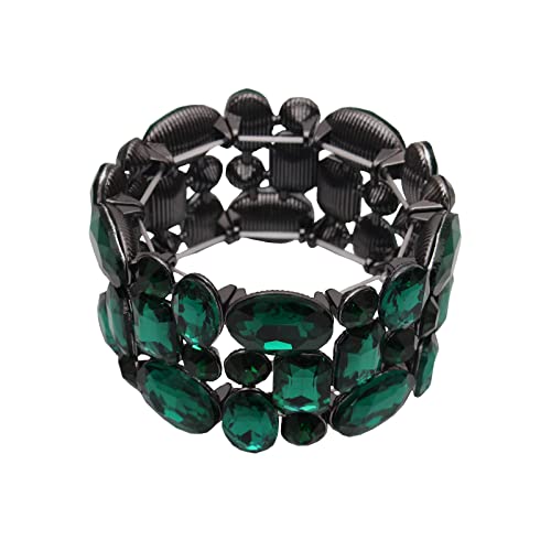 Women’s Wedding Bridal Crystal Leaf Flower Stretch Bangle Elastic Wide Bracelet Jewelry for Brides Bridesmaid - color: Emerald-Jet Plated