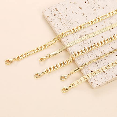 DEARMAY 14K Gold Plated Ankle Bracelets for Women Waterproof - Dainty 6Pcs Anklets Layered Cuban Link Chain Herringbone Cute Anklets Set Pack Summer Beach Jewelry Gift for Women Teen - color: Gold Anklet D