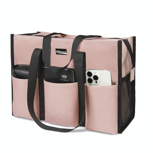 TOPDesign Utility Water Resistant Tote Bag with 13 Pockets, Top Zipper Closure & Thick Bottom Support, for Working Women - color: Pink, size: Medium