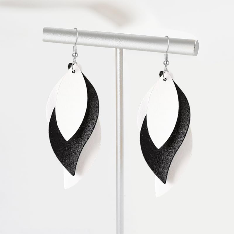 ANXIN boho unique Leather Earrings 2 Layered Lightweight Faux Leather Leaf Earrings Layered Design Drop Earrings Gift for Women - color: White Black White
