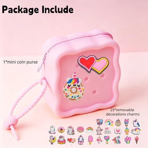 Soft Silicone Zipper Coin Purse Lovely Cartoon Hole Design Miniature Wallet Children's Storage Pouches Organizers For Kid with 25pcs DIY Charms (Pink) - color: Pink