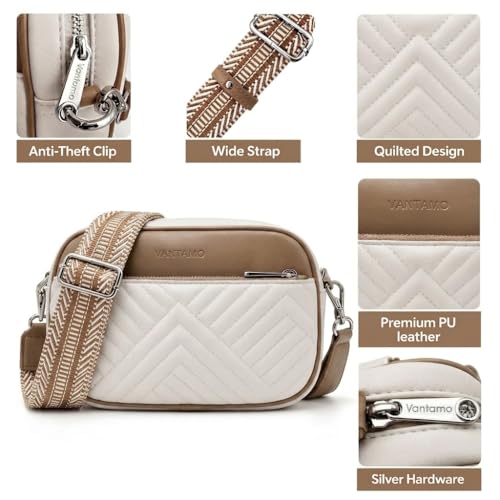Vantamo Premium Quilted Crossbody Bags for Women with Anti-Pickpocket Clip, Vegan Leather Handbags, Travel Purses for Women - color: White & Stone With Jacquard Strap
