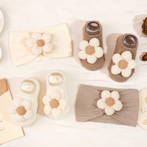JOYOYO Baby Flower Headband and Socks, Cute Baby Girl Headbands and Soft Socks Sets for Toddler Newborn Infant Girl (Beige Pink Khaki) - color: Beige/6pcs