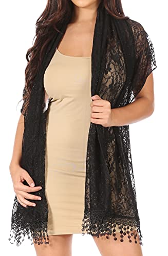 Sakkas Mari Women's Large Lightweight Soft Lace Scarf Wrap Shawl Floral and Fringe - color: Black Lace
