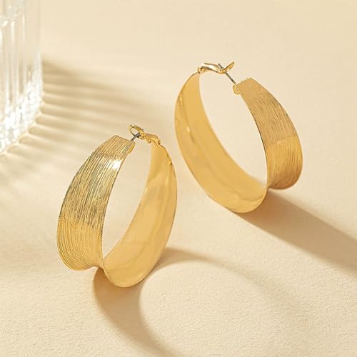 Chunky Gold Circular Statement Hoop Earrings Trendy Texture Large Piercing Dangle Drop Earrings - color: Gold